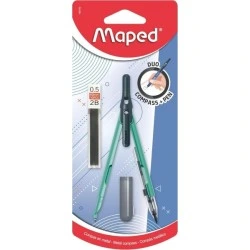 Maped Duo+Pen Pack de Compas Duo + Cajita de Minas - Compas que se puede Utilizar como Portaminas - Clip de Bolsillo - Colores