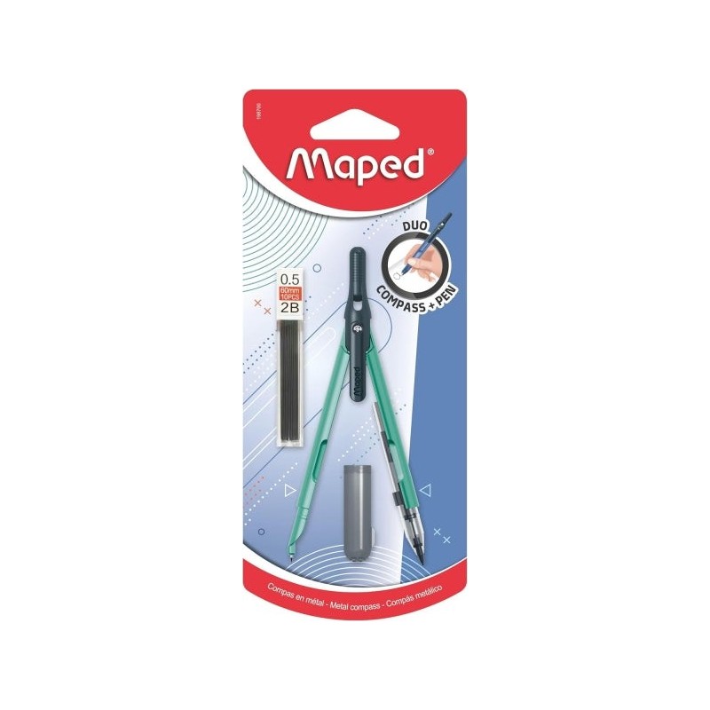 Maped Duo+Pen Pack de Compas Duo + Cajita de Minas - Compas que se puede Utilizar como Portaminas - Clip de Bolsillo - Colores