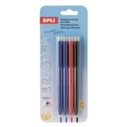 Blister gel effaçable Apli avec 4 stylos à encre gel effaçables chacun - Pointe 0,5 mm - Zone de préhension en silicone