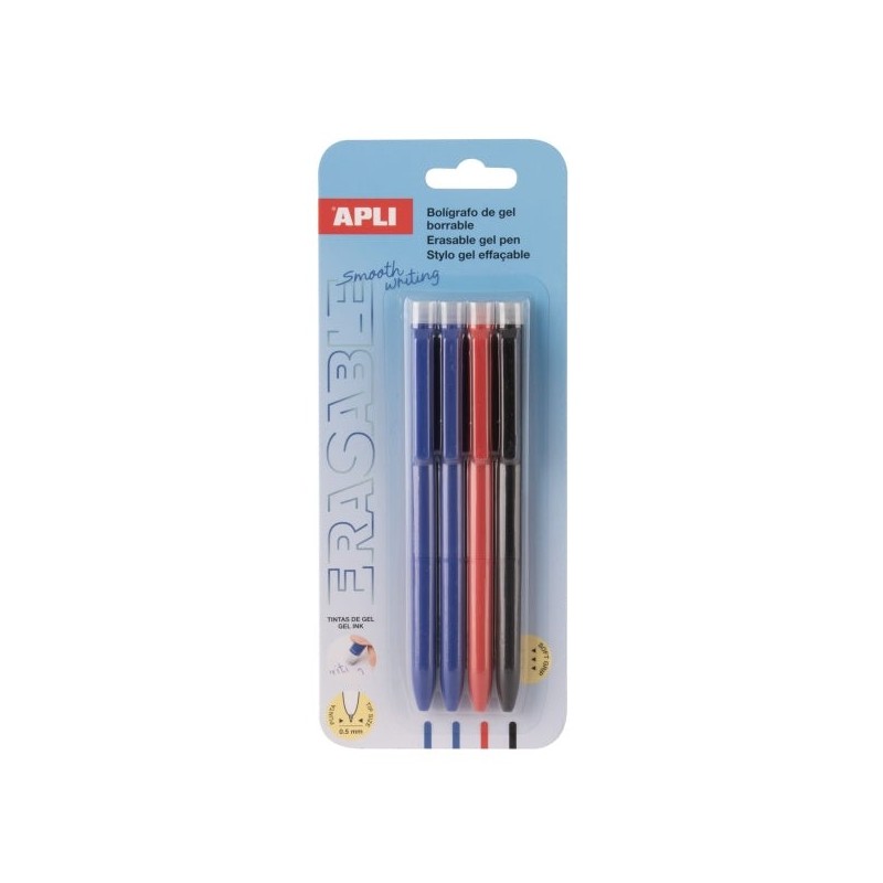 Blister gel effaçable Apli avec 4 stylos à encre gel effaçables chacun - Pointe 0,5 mm - Zone de préhension en silicone
