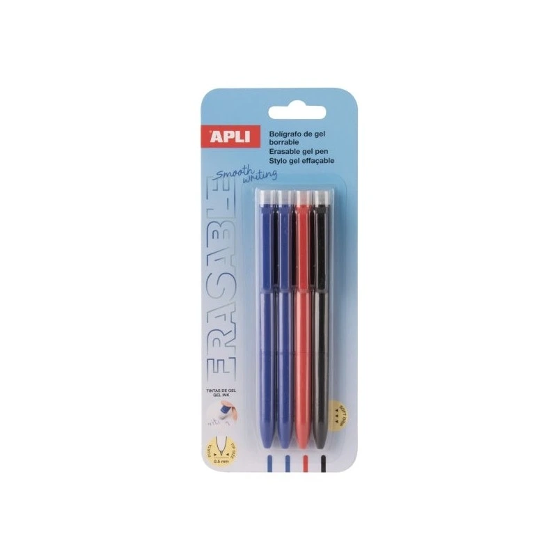 Blister gel effaçable Apli avec 4 stylos à encre gel effaçables chacun - Pointe 0,5 mm - Zone de préhension en silicone
