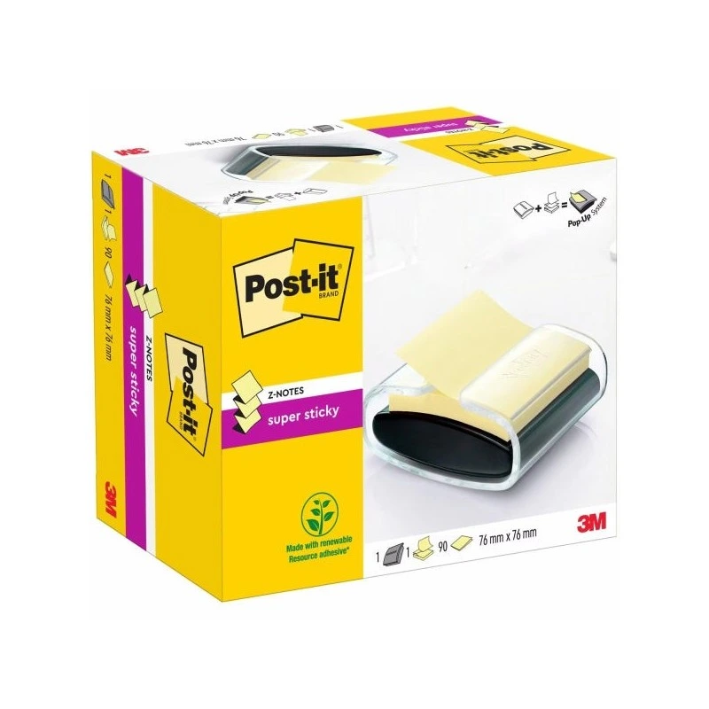 Post-It Super Sticky Dispenser with Pad of 90 Z-Sticky Notes - Pro Dispenser - Square Shape - 76x76mm - Color Black