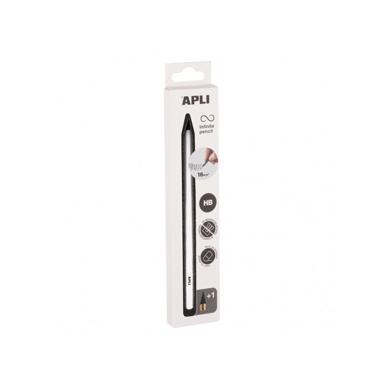Apli Infinite Pencil Pack de Lapiz Infinito HB + Mina de Recambio + Tapon Protector - Para Escribir hasta 16km - Color Blanco