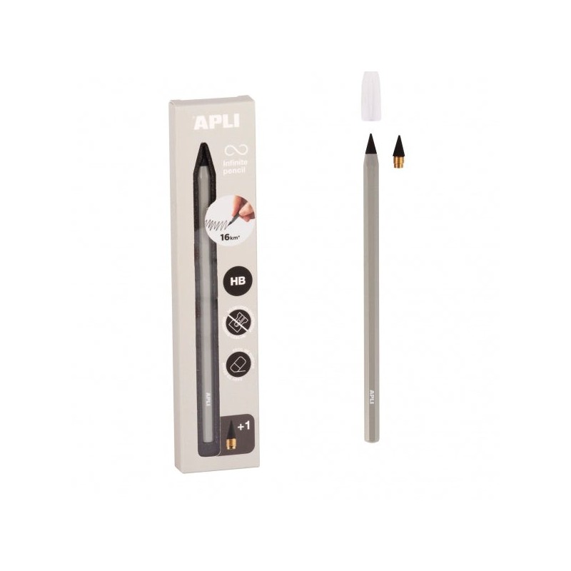 Apli Infinite Pencil Pack de Lapiz Infinito HB + Mina de Recambio + Tapon Protector - Para Escribir hasta 16km - Color Gris