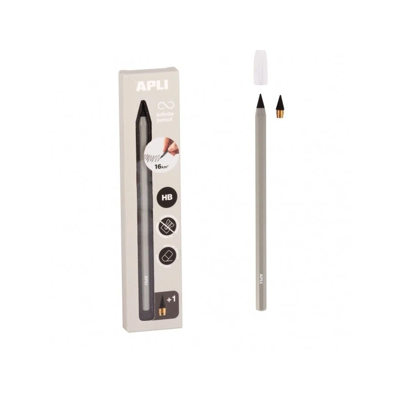 Apli Infinite Pencil Pack de Lapiz Infinito HB + Mina de Recambio + Tapon Protector - Para Escribir hasta 16km - Color Gris