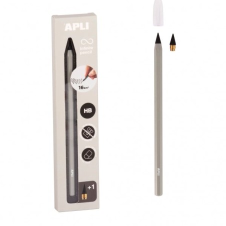 Apli Infinite Pencil Pack of HB Infinite Pencil + Replacement Lead + Protective Cap - For Writing up to 16km - Color Gray