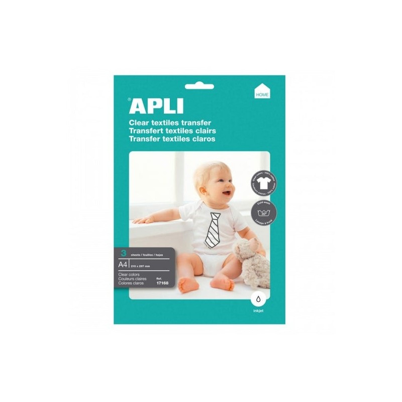 Apli Pack de 3 Hojas de Papel Transfer para Impresoras Inkjet - Ideal para Prendas Blancas y 100% Algodon - Facil Aplicacion y