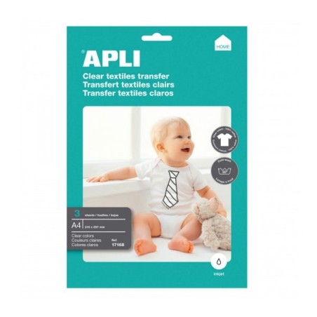 Apli Pack de 3 Feuilles de Papier Transfert pour Imprimantes Jet d'Encre - Idéal pour les vêtements blancs et 100% coton