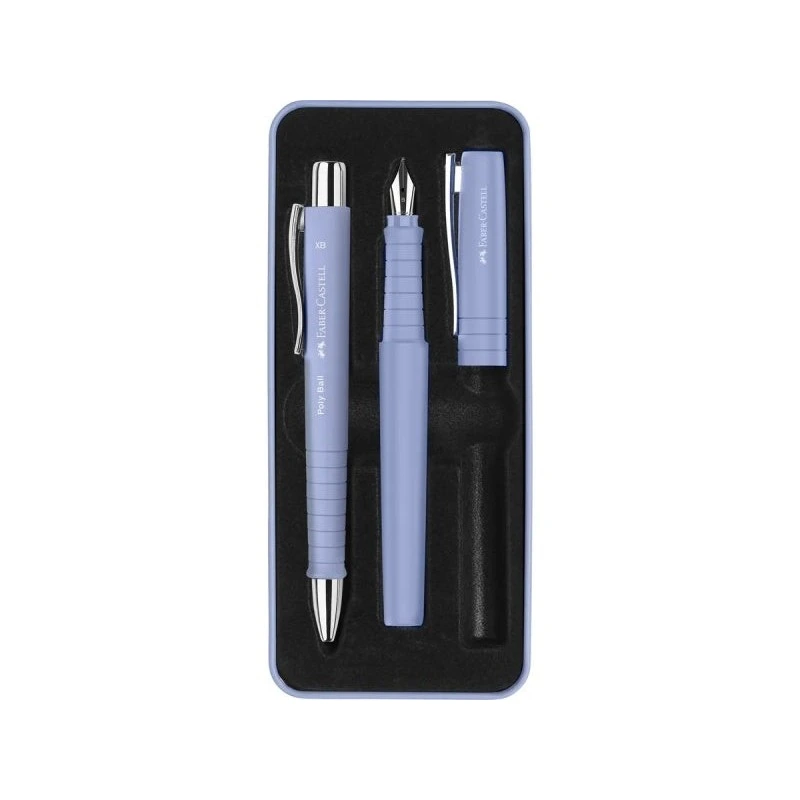 Faber-Castell Poly Pack of Poly Ball Pen and Poly Pen Fountain Pen with Nib B - Metal Clip - Color Light Blue