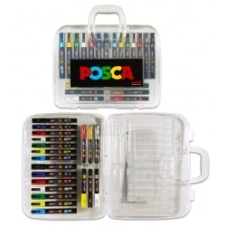 Posca Maleta de Plastico con 20 Marcadores de Pintura - Punta de Poliester - Tinta Pigmentada Base Agua - No Permanente