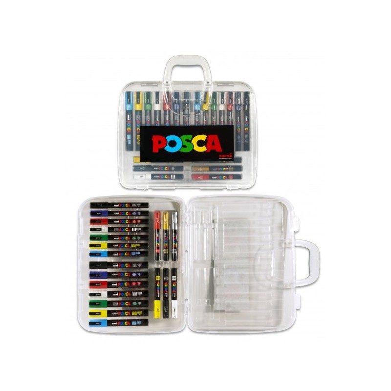 Posca Maleta de Plastico con 20 Marcadores de Pintura - Punta de Poliester - Tinta Pigmentada Base Agua - No Permanente