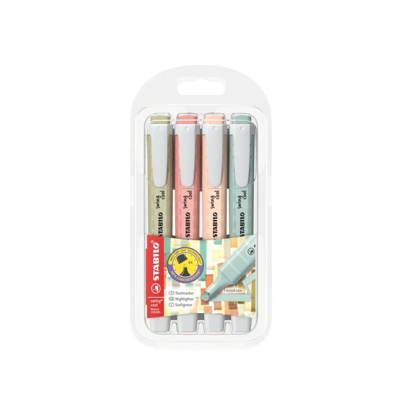 Stabilo Swing Cool Naturecolors Pack de 4 Feutres Fluorescents - Corps Plat - Pointe Biseautée - Trait entre 1 et 4mm - Encre à