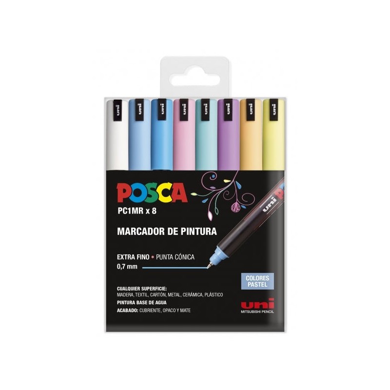 Posca PC1MR Pacote de 8 marcadores de tinta - Ponta de rolo de fibra de 0,7 mm - Tinta pigmentada à base de água - Resistente à