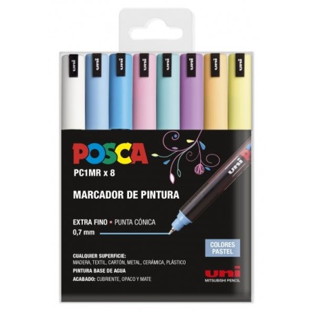 Posca PC1MR Pacote de 8 marcadores de tinta - Ponta de rolo de fibra de 0,7 mm - Tinta pigmentada à base de água - Resistente à
