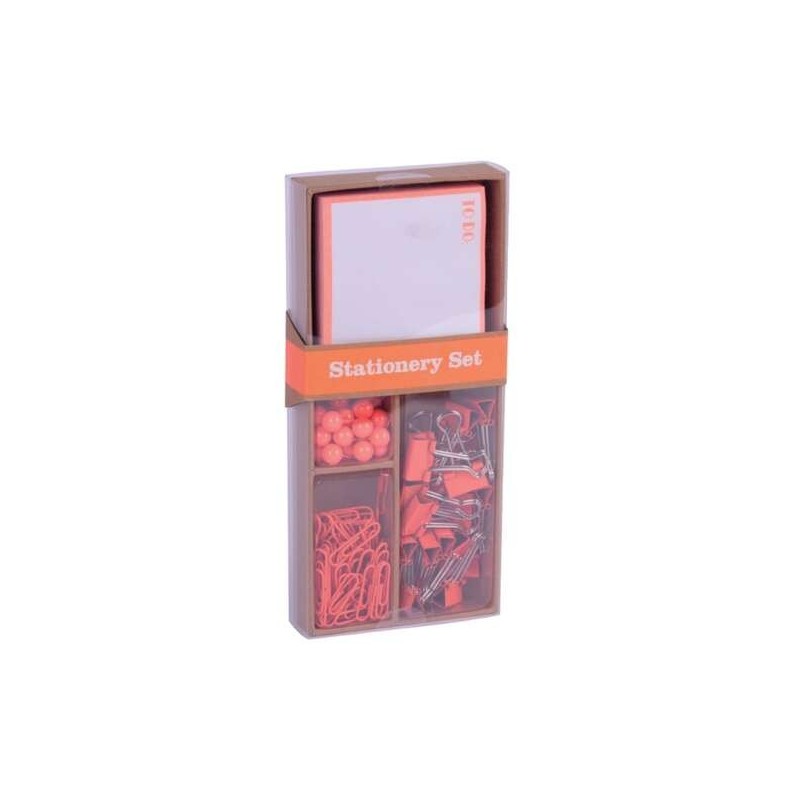Apli Fluor Collection Office Set - 25 Pins, 80 28mm Clips, 20 19mm Folding Clips and 100 Sheets Sticky Notes in Fluor Orange