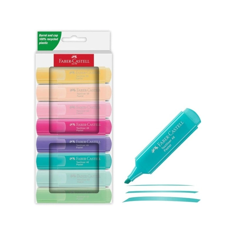 Faber-Castell Textliner 46 Pastel Pack de 8 Marcadores Fluorescentes - Punta Biselada - Trazo entre 1mm y 5mm - Tinta con Base