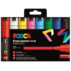 Posca PC-8K/8C Estuche de 8 Marcadores de Pintura - Punta Biselada Acrilica 8mm - Tinta Base al Agua - Resistente a la Luz