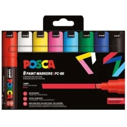Posca PC-8K/8C Estuche de 8 Marcadores de Pintura - Punta Biselada Acrilica 8mm - Tinta Base al Agua - Resistente a la Luz