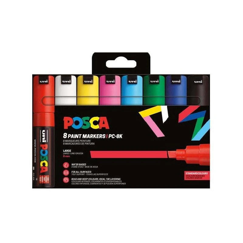 Posca PC-8K/8C Estuche de 8 Marcadores de Pintura - Punta Biselada Acrilica 8mm - Tinta Base al Agua - Resistente a la Luz