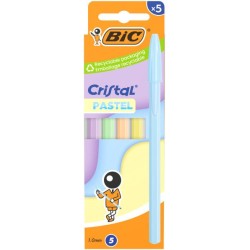 Bic Cristal Pastel Pack con 5 Boligrafos de Bola - Cuerpo Opaco en Colores Pastel - Punta redonda de 1mm - Trazo 0.4mm - Tinta