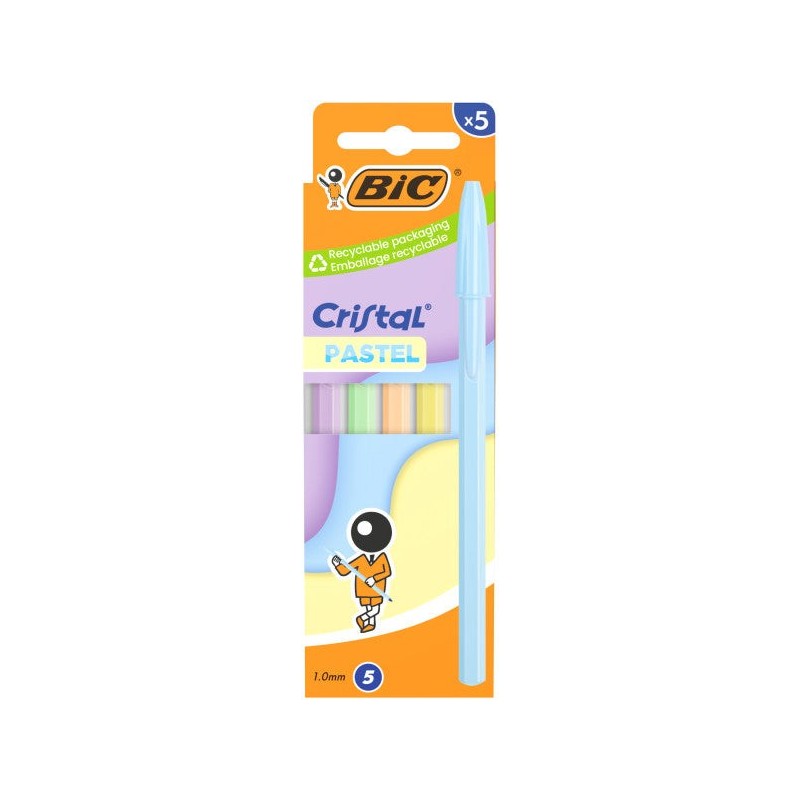Bic Cristal Pastel Pack con 5 Boligrafos de Bola - Cuerpo Opaco en Colores Pastel - Punta redonda de 1mm - Trazo 0.4mm - Tinta