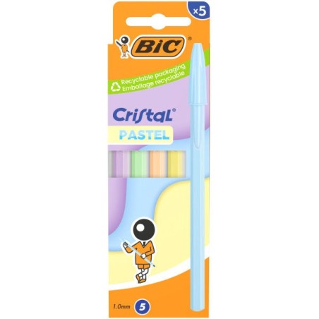 Bic Cristal Pastel Pack with 5 Ballpoint Pens - Opaque Body in Pastel Colors - 1mm Round Tip - 0,4mm Stroke - Oil-Based Ink