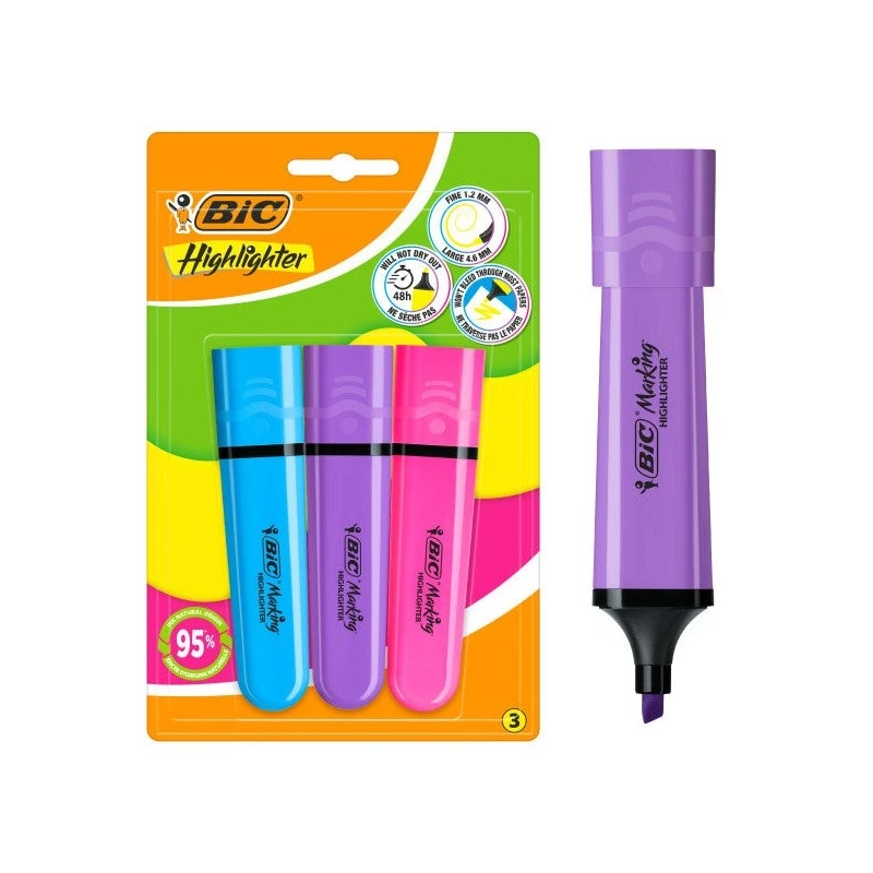 Bic Marking Highlighter Flat Pack de 3 Marcadores Fluorescentes - Punta Biselada - Trazo entre 1.20 y 4.60 mm - Tinta con Base