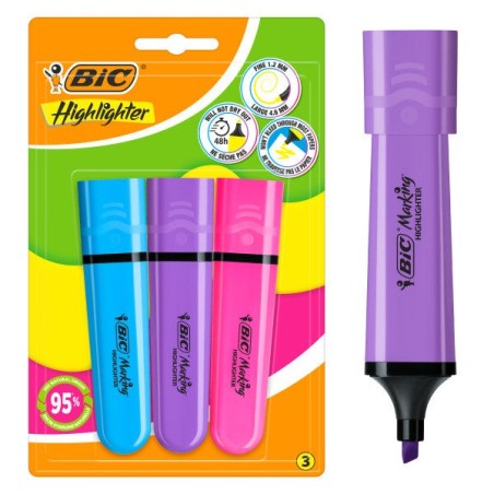 Bic Marking Highlighter Flat Pack de 3 Marcadores Fluorescentes - Punta Biselada - Trazo entre 1.20 y 4.60 mm - Tinta con Base