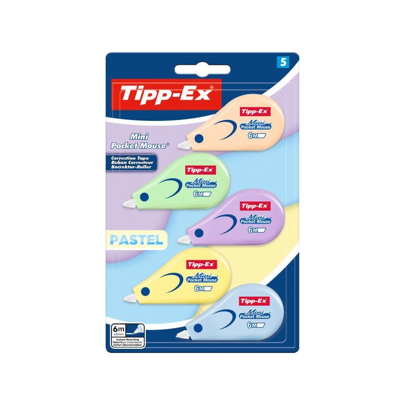 Pack Pastel Tipp-Ex Mini Pocket Mouse avec 5 rubans correcteurs 5 mm x 6 m - Résistant - Écriture instantanée