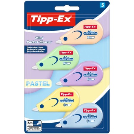 Pack Pastel Tipp-Ex Mini Pocket Mouse avec 5 rubans correcteurs 5 mm x 6 m - Résistant - Écriture instantanée