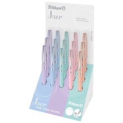 Présentoir Pelikan Jazz avec 15 stylos rétractables - Course 1 mm - Mécanisme de torsion - Recharge 337M Bleu - Couleurs pastel