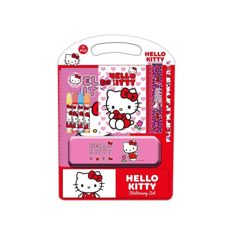 Safta Pacote Escolar Iconic Hello Kitty com Estojo de Metal - Lápis - 4 Marcadores - Régua 15cm - Apontador de Lápis - Borracha