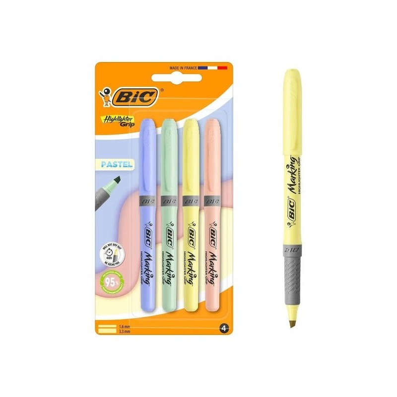 Bic Highlighter Grip Pack with 4 Pastel Fluorescent Markers - Chisel Tip - Line between 1,60 and 3,30 mm - Textured Grip