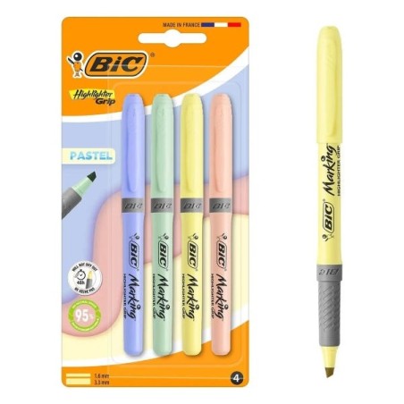 Bic Highlighter Grip Pack with 4 Pastel Fluorescent Markers - Chisel Tip - Line between 1,60 and 3,30 mm - Textured Grip