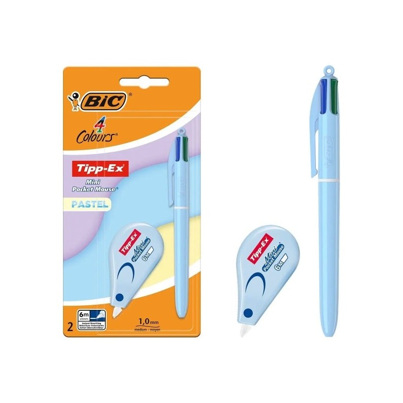 Pacote Pastel Bic 4 Cores com 1 Caneta Esferográfica Retrátil 4 Cores + Corretor de Pastel Tipp-Ex Mini Pocket Mouse 5mmx6m
