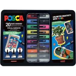 Posca Pop Colours Maleta Metalica con 20 Marcadores de Pintura - Surtido en Color y Trazo - Punta de Poliester - Tinta