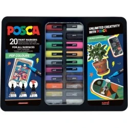 Posca Pop Colours Maleta Metalica con 20 Marcadores de Pintura - Surtido en Color y Trazo - Punta de Poliester - Tinta