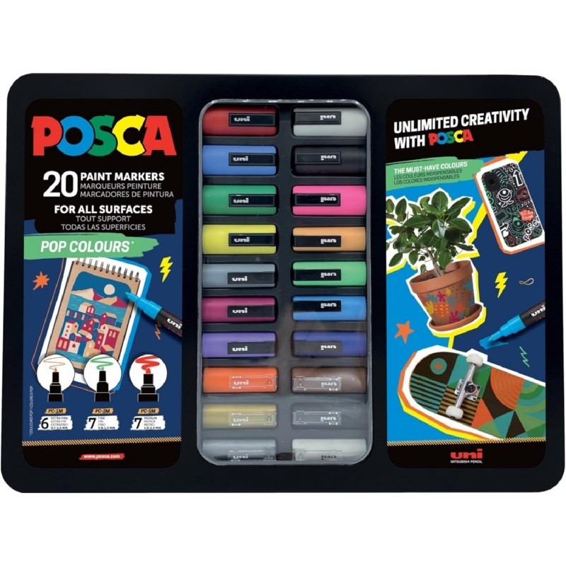 Posca Pop Colours Maleta Metalica con 20 Marcadores de Pintura - Surtido en Color y Trazo - Punta de Poliester - Tinta