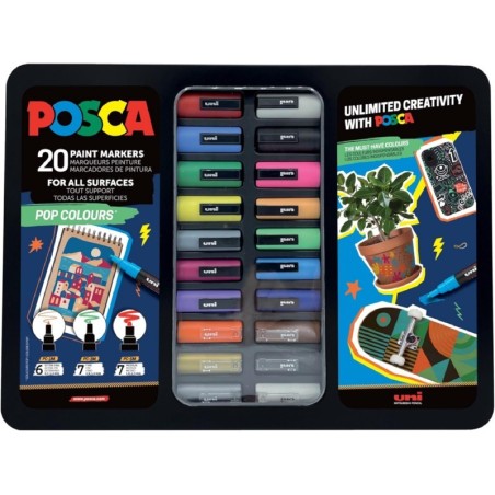 Posca Pop Colours Maleta Metalica con 20 Marcadores de Pintura - Surtido en Color y Trazo - Punta de Poliester - Tinta