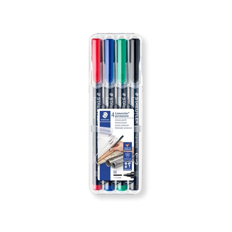 Staedtler Lumocolor 317 Pack de 4 Rotuladores Permanentes - Punta Media Redonda - Trazo 1mm Aprox - Capuchon con Clip - Secado