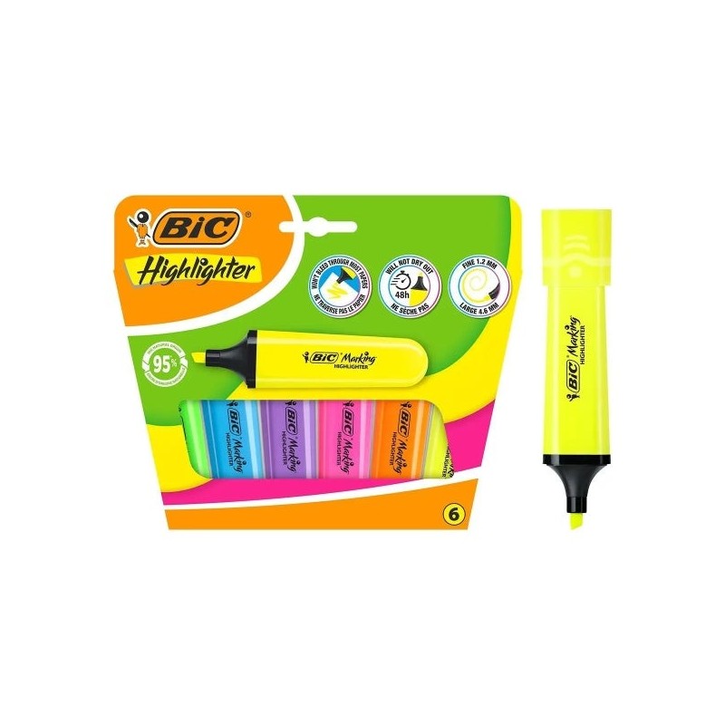 Bic Marking Highlighter Flat Pack de 6 Marcadores Fluorescentes - Punta Biselada - Trazo entre 1.20 y 4.60 mm - Tinta con Base