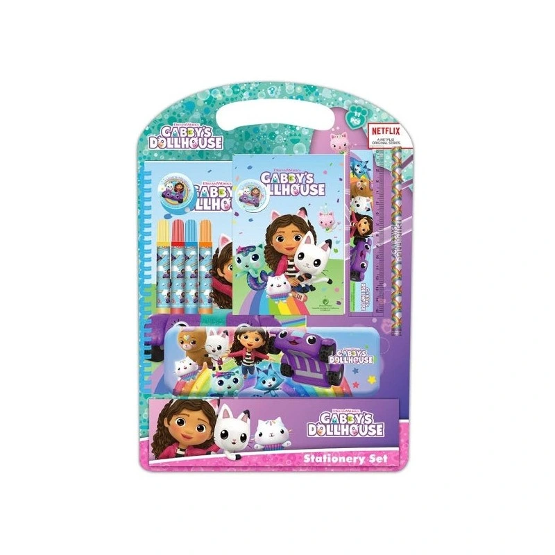 Pacote Escolar Safta Gabby's Dollhouse Confetti com Estojo de Metal - Lápis - 4 Marcadores - Régua 15cm - Apontador de Lápis
