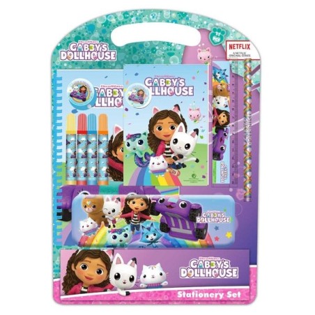 Pacote Escolar Safta Gabby's Dollhouse Confetti com Estojo de Metal - Lápis - 4 Marcadores - Régua 15cm - Apontador de Lápis