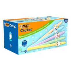 Bic Cristal Pastel Figurines Pack con 20 Boligrafos de Bola - Cuerpo Opaco en Colores Pastel con Figuras de Animales - Punta
