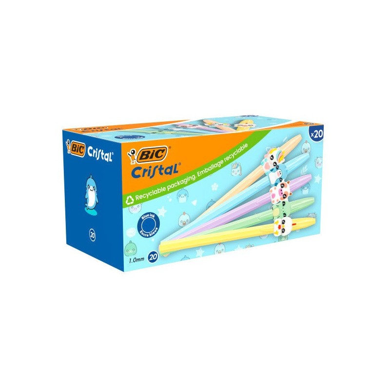 Bic Cristal Pastel Figurines Pack con 20 Boligrafos de Bola - Cuerpo Opaco en Colores Pastel con Figuras de Animales - Punta