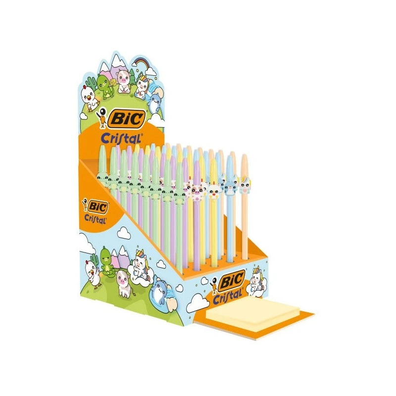 Bic Cristal Pastel Figurines Expositor con 40 Boligrafos de Bola - Cuerpo Opaco en Colores Pastel con Figuras de Animales