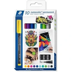 Staedtler Lumocolor 317 Pack of 10 Permanent Markers - Medium Round Tip - Approx 1mm Stroke - Cap with Clip - Quick Drying