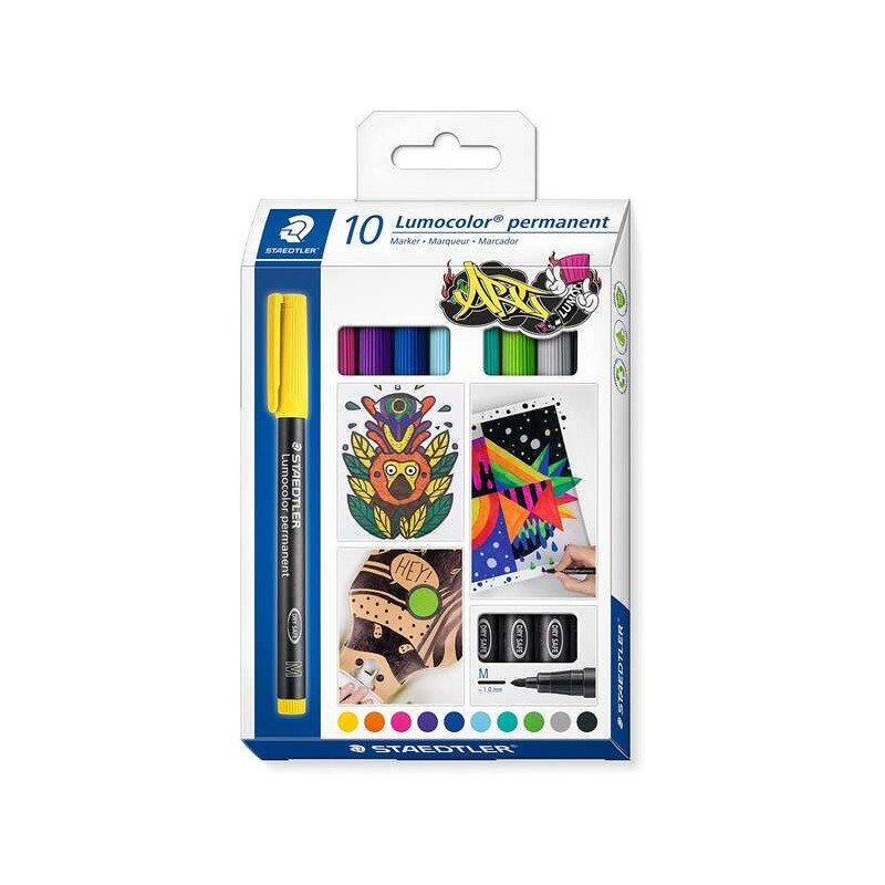 Staedtler Lumocolor 317 Pacote de 10 marcadores permanentes - Ponta média redonda - Curso de aproximadamente 1 mm - Tampa com