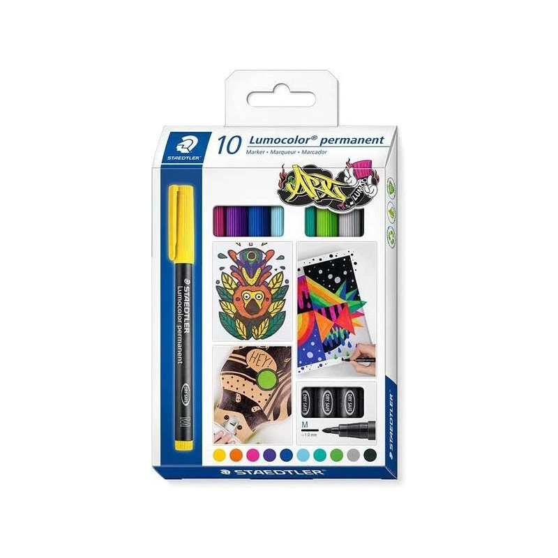 Staedtler Lumocolor 317 Pacote de 10 marcadores permanentes - Ponta média redonda - Curso de aproximadamente 1 mm - Tampa com