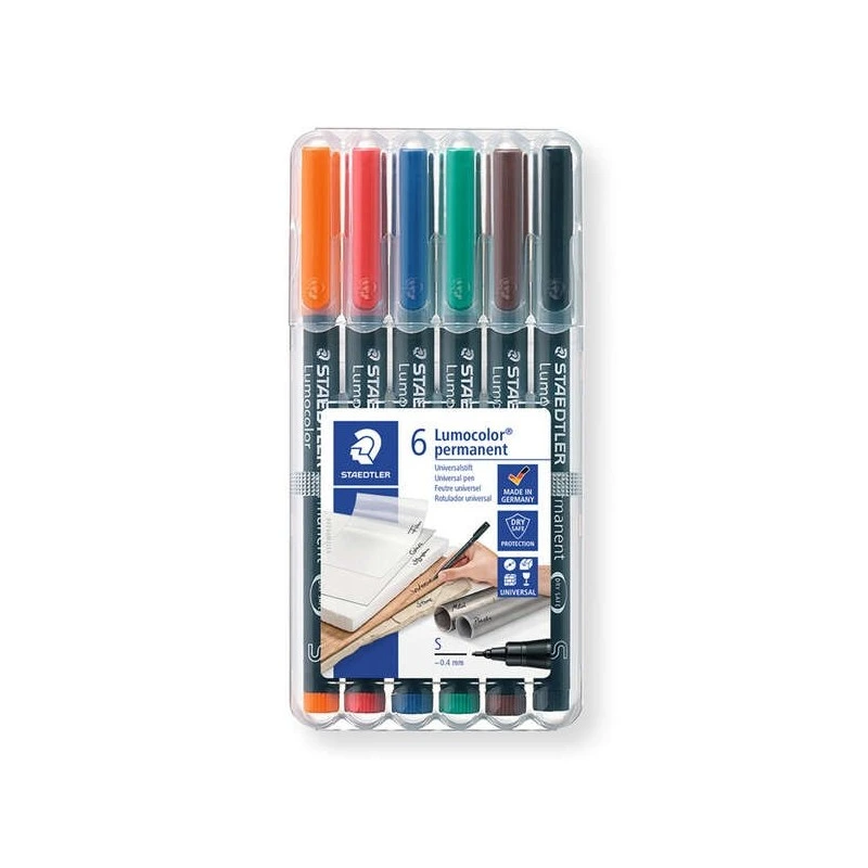 Staedtler Lumocolor 317 Pack de 6 marqueurs permanents - Pointe ronde moyenne - Course d'environ 1 mm - Capuchon avec clip